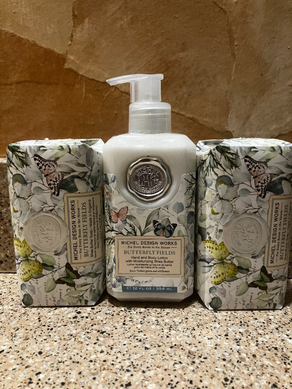 Michel Design Works Set of 2 Bath Bars in Butterfly Fields and Body Lotion! NEW